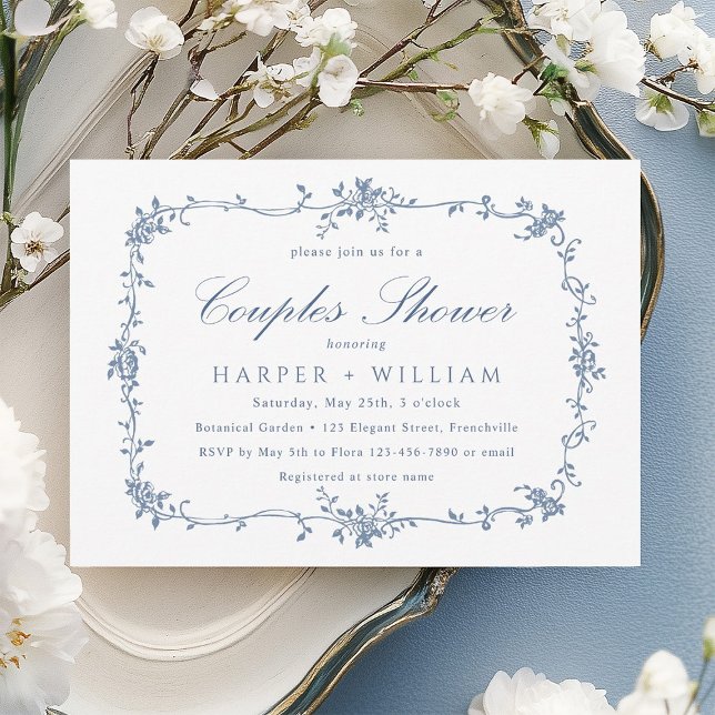 Invitation Bain de couples floral bleu classique français (Créateur téléchargé)