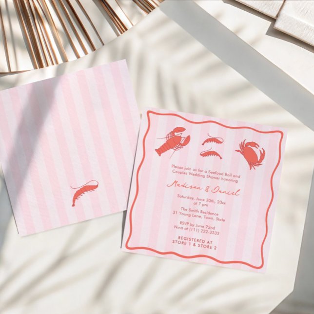 Invitation Bain de fruits de mer rose rouge dessinés à la mai (Modern Pink Red Orange Hand-drawn seafood boil couples shower invitations with stripes + wavy border)