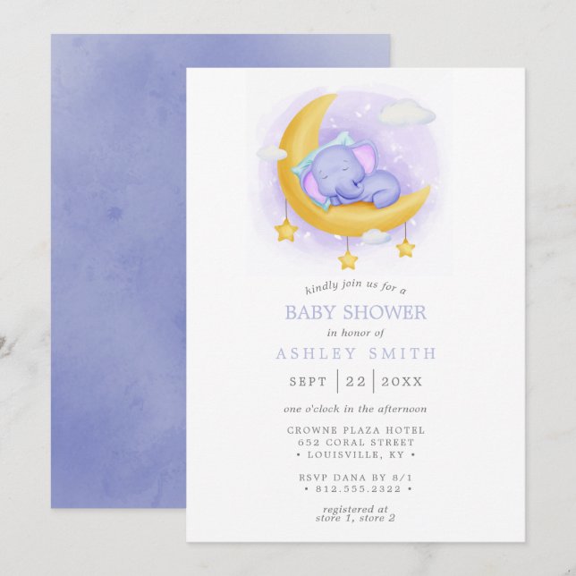 Invitation Bain de Lune à l'Aquarelle Éléphant Endormi pour u (Devant / Derrière)