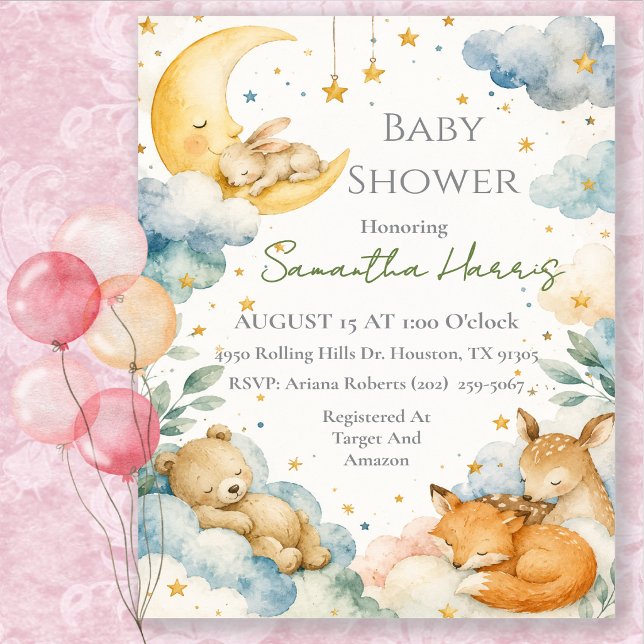 Invitation Bain de lune céleste à l'aquarelle pour bébé (Créateur téléchargé)