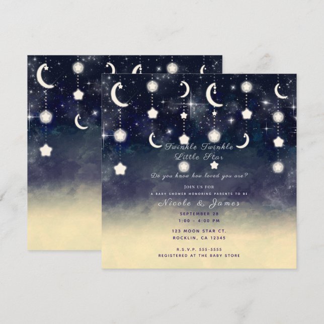 Invitation Bain de Lune Céleste Aquarelle pour Baby Shower (Devant / Derrière)
