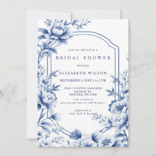Invitation Bain de mariée floral toile de chinoiserie bleue