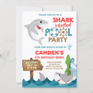 Invitation Bain de piscine infesté de requin, anniversaire ga
