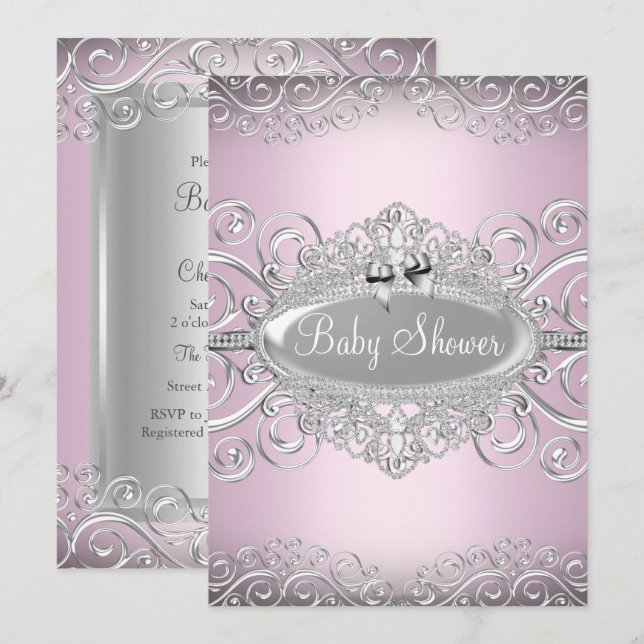 Invitation Bain de Princesse Rose Chic et Argent Damassé (Devant / Derrière)