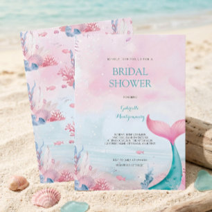 Invitation Bain de sirène à l'aquarelle océan rose rêveur pou