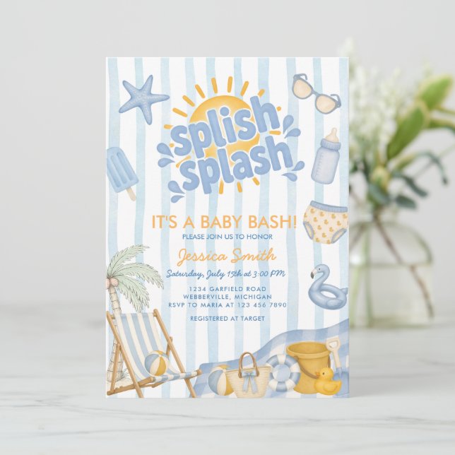 Invitation Bain et éclaboussures Baby Shower Bleu d'Été (Debout devant)
