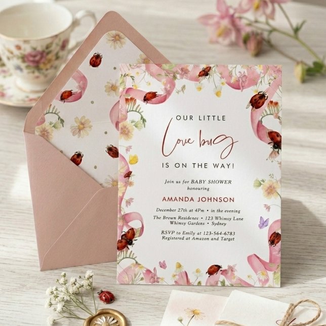Invitation Bain moderne de bébé Little Love Bug rouge rose  (Créateur téléchargé)
