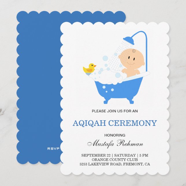 Invitation Bain Moussant pour Garçon Mignon Aqiqah (Devant / Derrière)