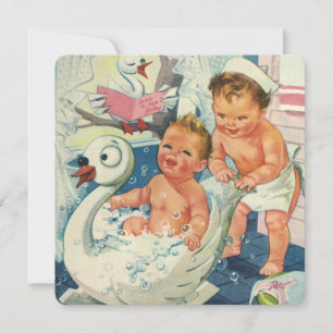 Invitation Bain Moussant Vintage Jumeaux Garçon Cygne Baby Sh