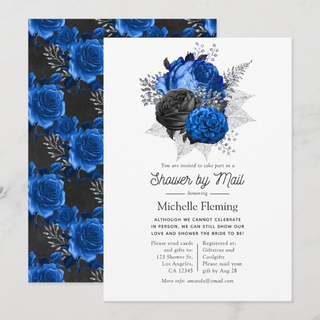 Invitation Bain Royal Bleu, Noir et Argent Floral par la Post (Devant / Derrière)