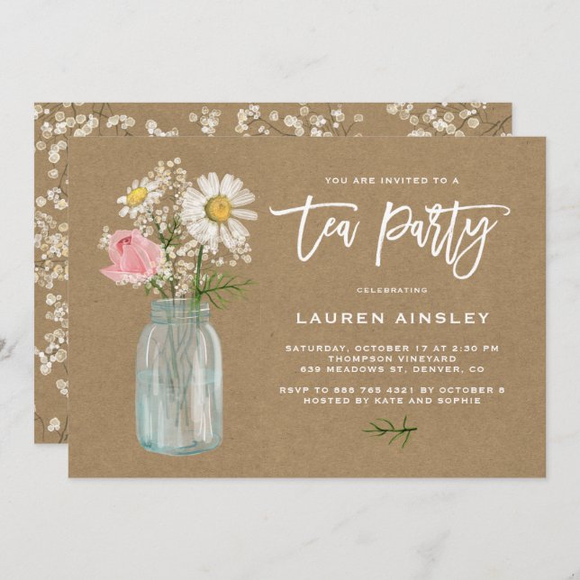 Invitation Baisée blanche rustique à Mason Jar Kraft Tea Part (Devant / Derrière)