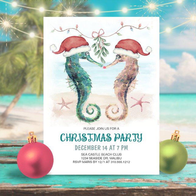 Invitation Baiser de gui hippocampe Fête de Noël côtière (Créateur téléchargé)