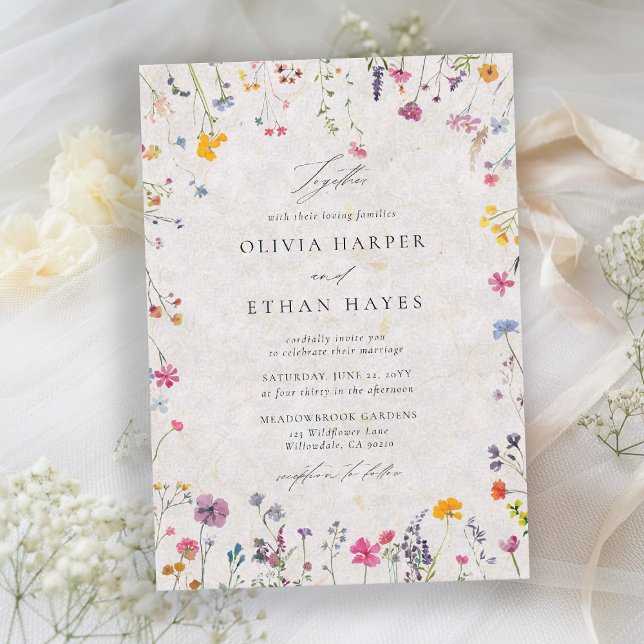 Invitation Baiser de pétale de fleur sauvage aquarelle mariag (wildflower wedding theme invitation watercolor garden backyard barn summer spring elegant blush pink)