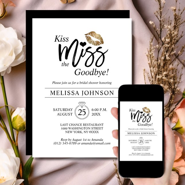 Invitation Baiser Moderne Adieu Mademoiselle Or Lèvres Mariag (Modern Kiss Miss Goodbye Gold Lips Bridal Shower Invitation | Bachelorette)