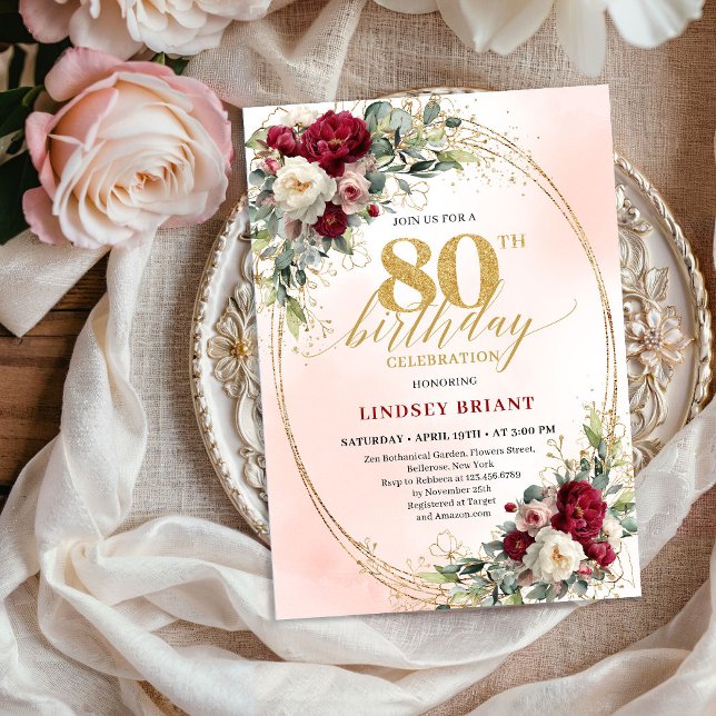 Invitation Baiser Romantique Bourgogne Cadre Doré 80e Anniver (Romantic Blush Burgundy Gold Frame 80th Birthday)