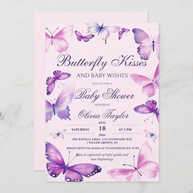 Invitation Baisers à papillon Baby shower fille rose violet i (Devant / Derrière)