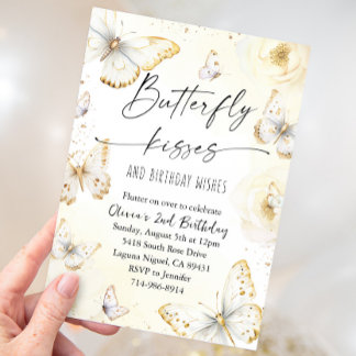 Invitation Baisers à papillon blanc et or Anniversaire
