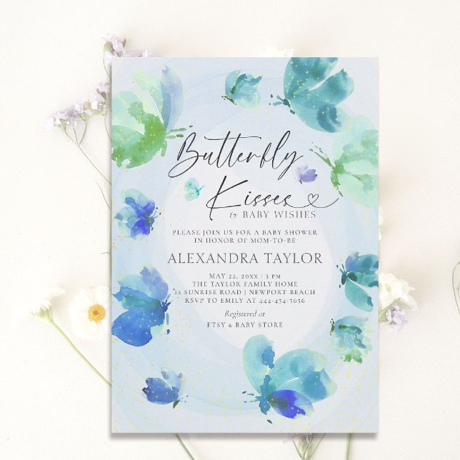 Invitation Baisers à papillon Bleu Aquarelle Bébé Garçon Douc (butterfly baby shower theme invitation watercolor whimsical sprinkles garden party spring summer boy)