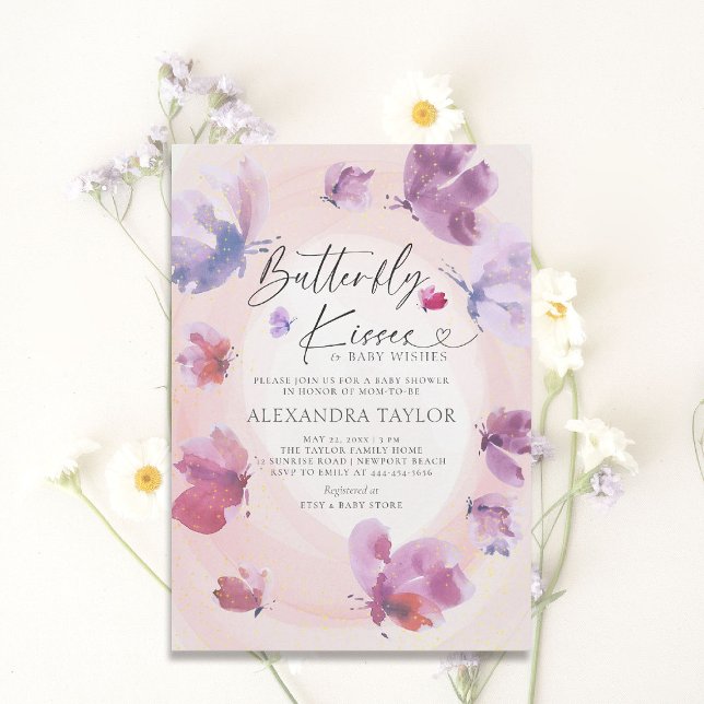 Invitation Baisers à papillon Blush Purple Bébé Fille Douche (butterfly baby shower theme invitation watercolor whimsical sprinkles garden party spring summer)