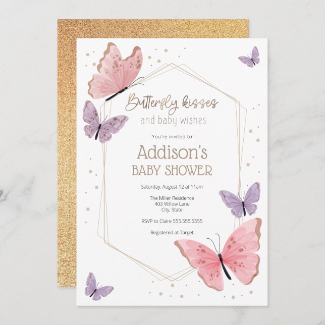 Invitation Baisers à papillon et Baby shower de voeux pour bé (Devant / Derrière)