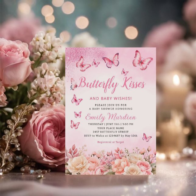 Invitation Baisers à papillon et voeux de bébé Baby shower ro (Créateur téléchargé)