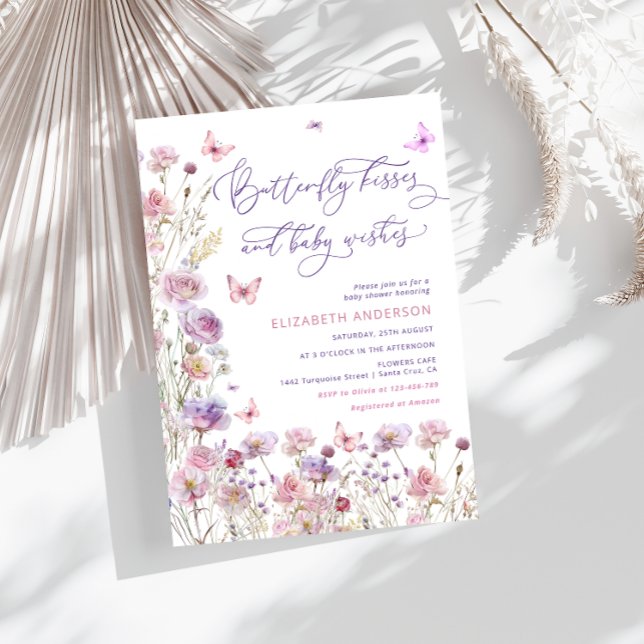 Invitation Baisers à papillon et voeux de bébé rose violet bé (Créateur téléchargé)