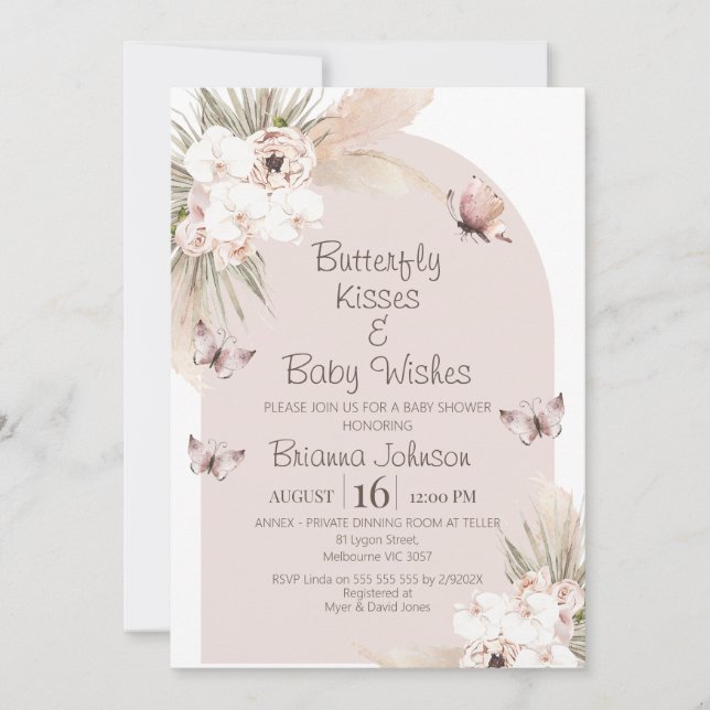 Invitation Baisers à papillon floral Baby shower de voeux pou (Devant)