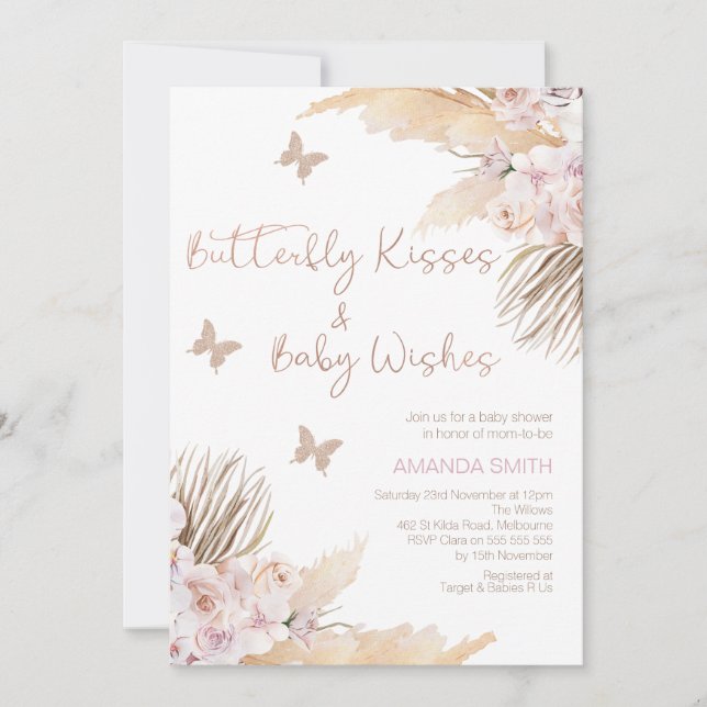 Invitation Baisers à papillon floral Mauve Blush Baby shower (Devant)
