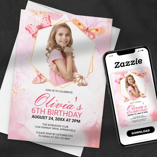 Invitation Baisers à papillon lunaire Fille Photo Anniversair (Créateur téléchargé)