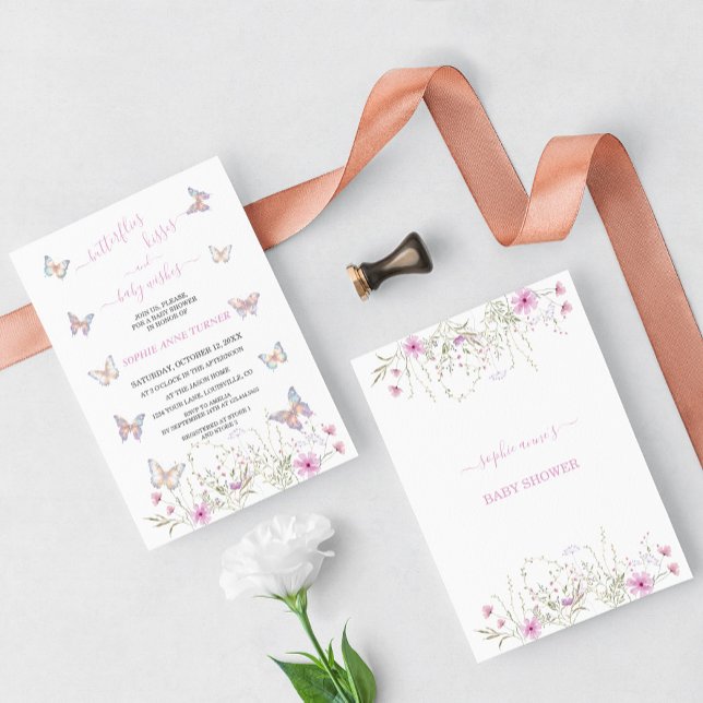 Invitation Baisers à papillon mignons et Baby shower de voeux (butterfly baby shower invitation, meadow flowers butterflies baby shower invite, trendy baby shower)