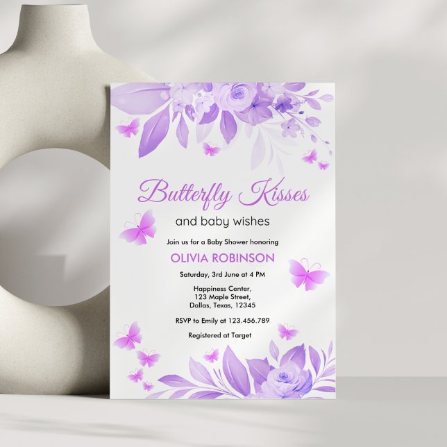 Invitation Baisers à papillon pourpre et Baby shower de voeux (Purple Butterfly Kisses & Baby Wishes Baby Shower Invitation )