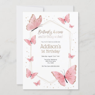 Invitation Baisers à papillon rose et voeux d'anniversaire An