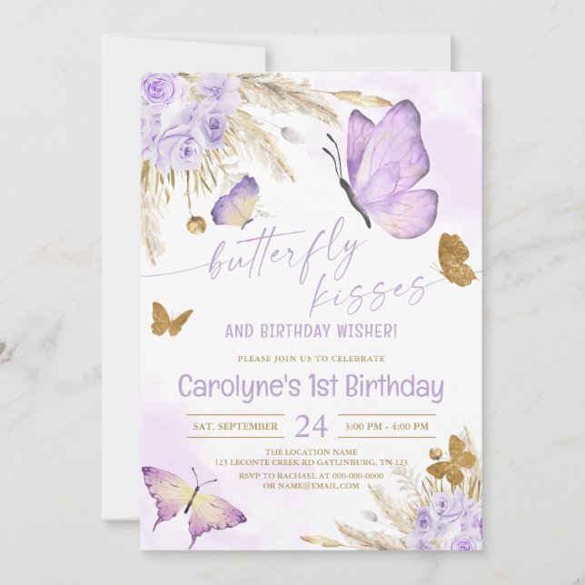 Invitation Baisers à papillon violet Boho et voeux d'annivers (Devant)