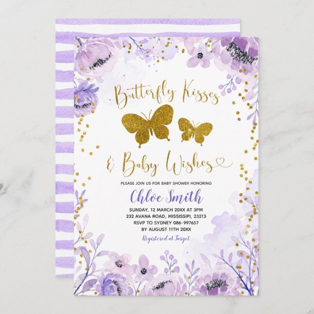 Invitation Baisers à papillon violet et envie de bébé (Devant / Derrière)