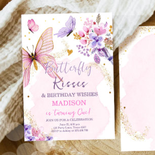 Invitation Baisers d'anniversaire papillon Purple Floral Rose