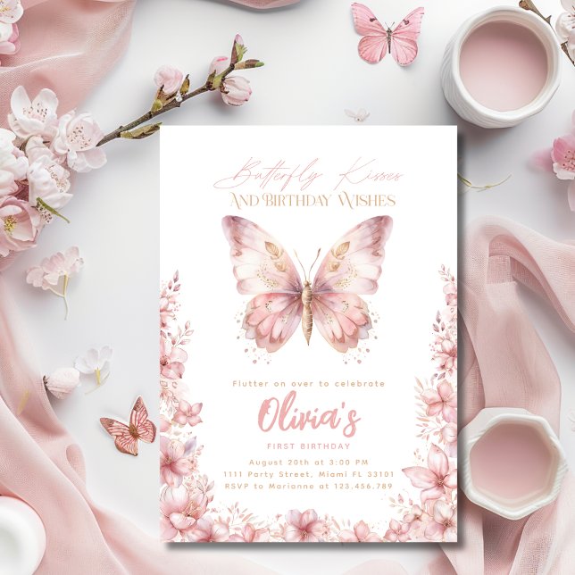 Invitation Baisers de papillon Anniversaire Fête rose papillo (Butterfly Kisses Birthday Pink Butterfly Party Invitation)
