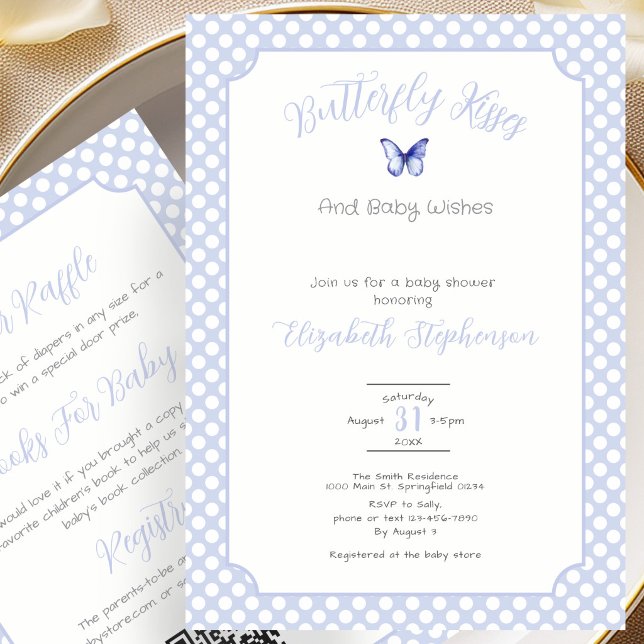 Invitation Baisers de papillon bleu double face Vœux de bébé  (Créateur téléchargé)