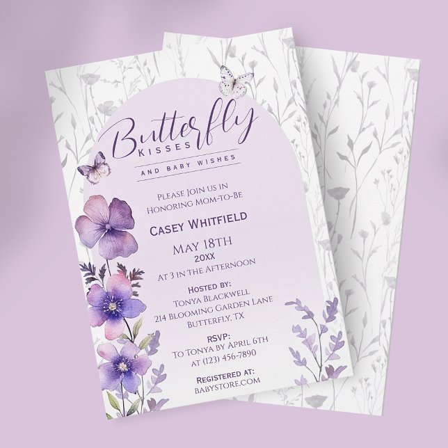 Invitation Baisers de papillon Fête de naissance Bohème Viole (Butterfly Kisses Purple Boho Baby Shower Invitation)