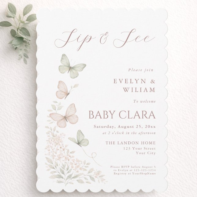 Invitation Baisers de papillon Vœux de bébé Élégant Regardez  (Créateur téléchargé)