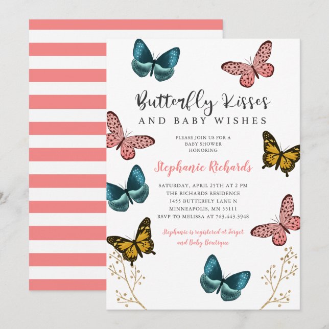Invitation Baisers et souhaits papillon Baby shower rose (Devant / Derrière)