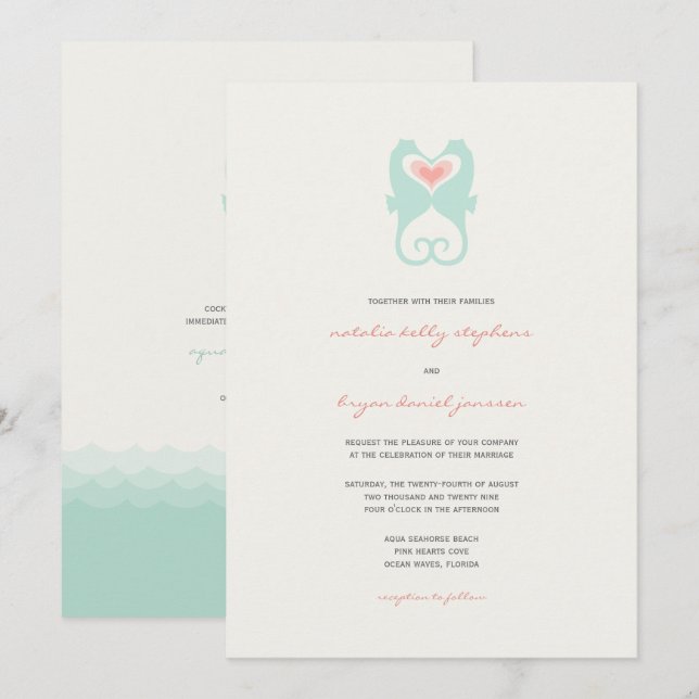 Invitation Baisers Hippocampes Cœurs d'Amour Plage Mariage d' (Devant / Derrière)