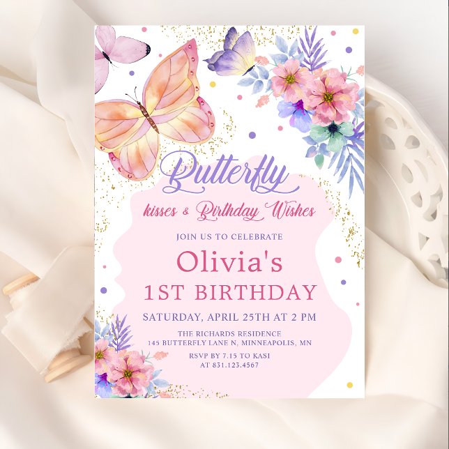Invitation Baisers papillon Floral Rose fille Anniversaire (Créateur téléchargé)