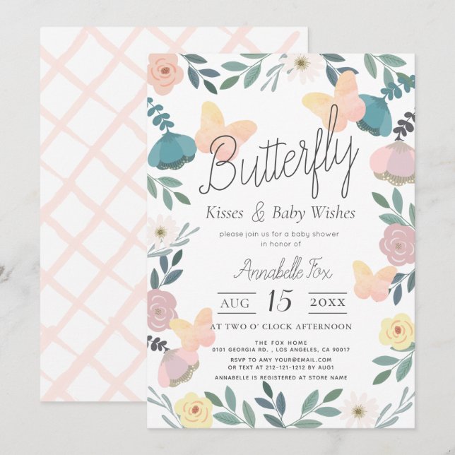Invitation Baisers papillon Jardin fleuri Baby shower rose (Devant / Derrière)