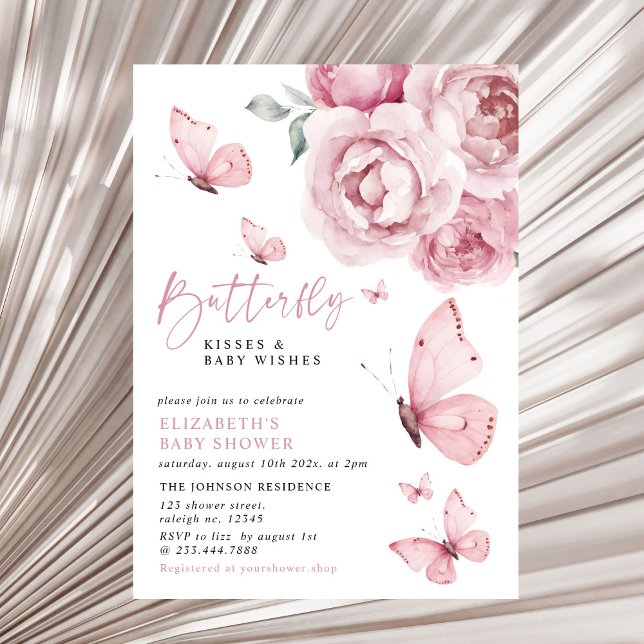 Invitation Baisers papillon rose florale Baby shower fille (Créateur téléchargé)