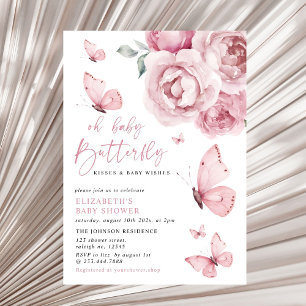 Invitation Baisers papillon rose florale Baby shower fille