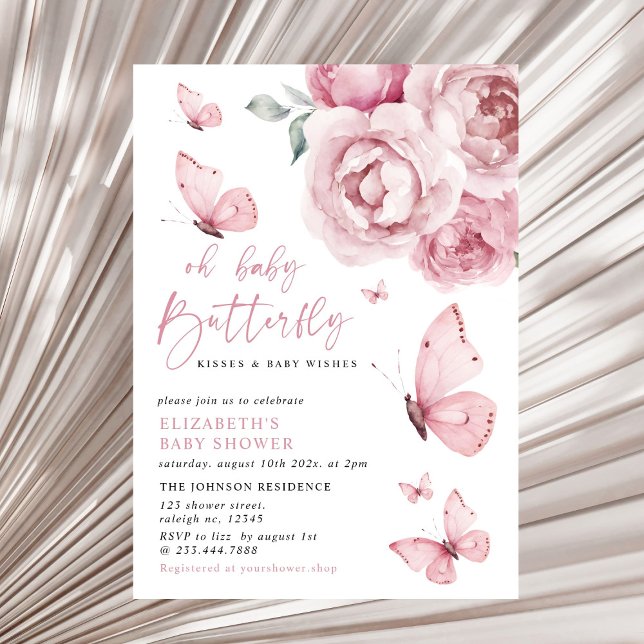 Invitation Baisers papillon rose florale Baby shower fille (Créateur téléchargé)