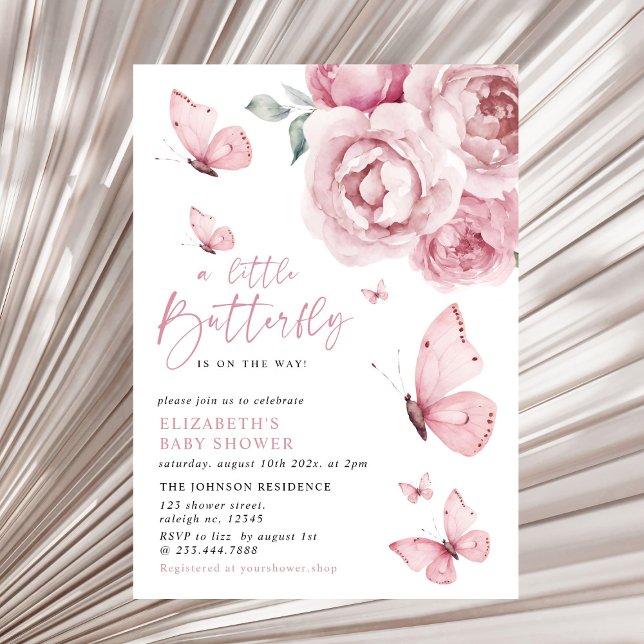 Invitation Baisers papillon rose florale Baby shower fille (Créateur téléchargé)
