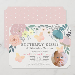 Invitation Baisers papillon rose florale fille Anniversaire P