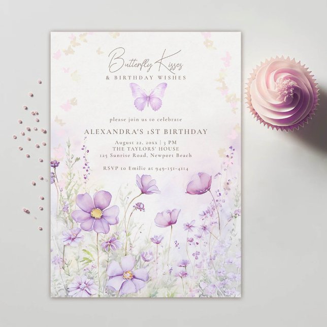 Invitation Baisers papillon Violet Fleurs sauvages 1er annive (butterfly kisses birthday wishes purple wild flowers garden 1st birthday girl photo invitation)