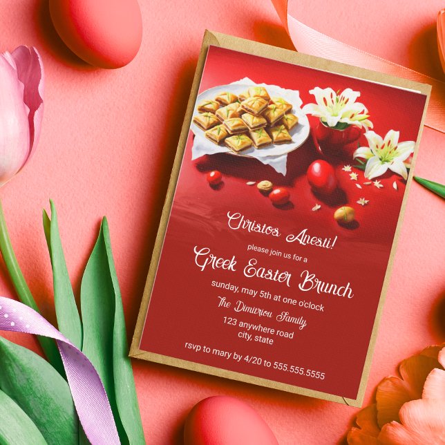 Invitation Baklava de Pâques grec avec des œufs et (Embrace Greek Easter's Spirit: Baklava, Lilies, & Red Eggs Invitation!)